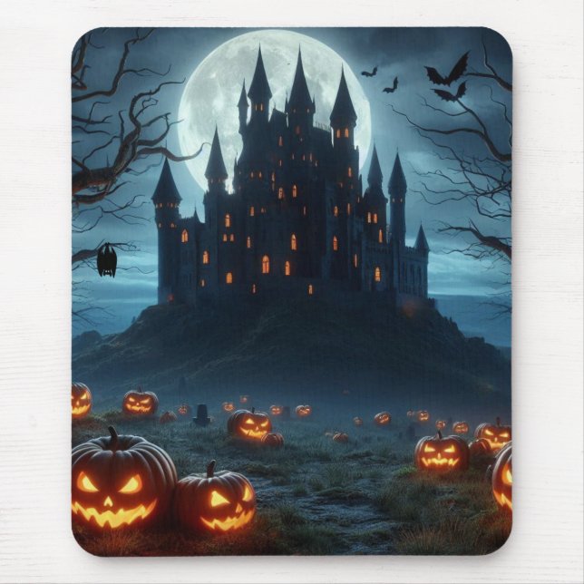 Dark, mediaeval castle, bats, & pumpkins mouse pad (Front)