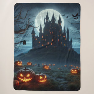 Dark, mediaeval castle, bats, & pumpkins sherpa blanket
