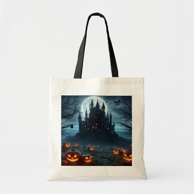 Dark, mediaeval castle, bats, & pumpkins tote bag (Front)