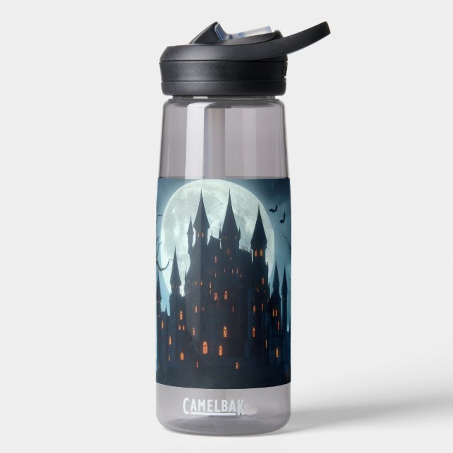 Dark, mediaeval castle, bats, & pumpkins water bottle (Left)