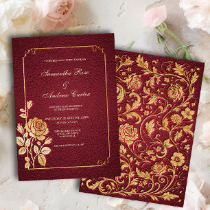 Dark Merlot Gold Embossed Floral Wedding Invitation
