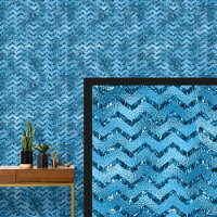 Dark Mid Blue Water Shiny Look Zig Zag Stripes