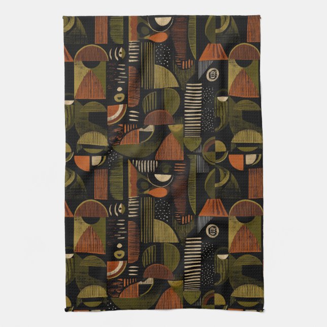 Dark Mid Century Geometric Pattern (1) Tea Towel (Vertical)