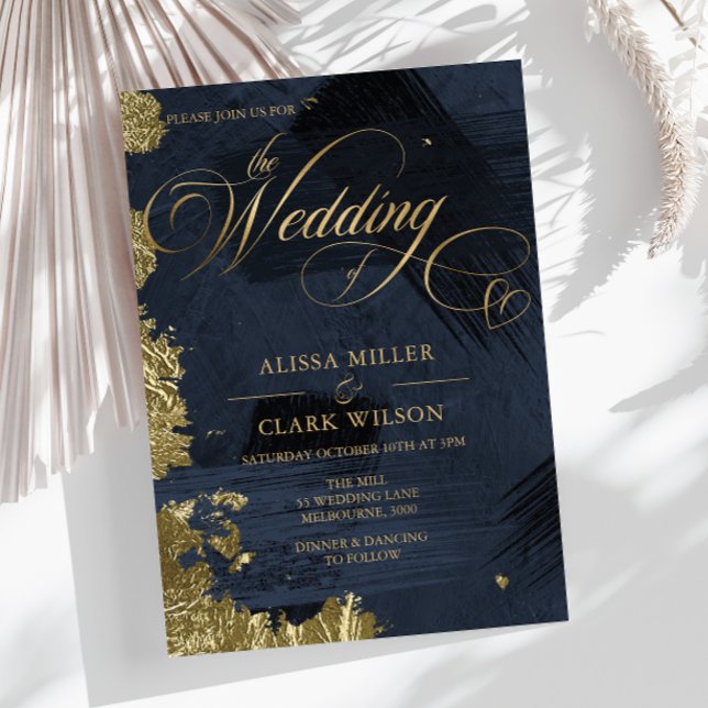 Dark Midnight Blue, Gold Painterly Wedding Invitation (Creator Uploaded)