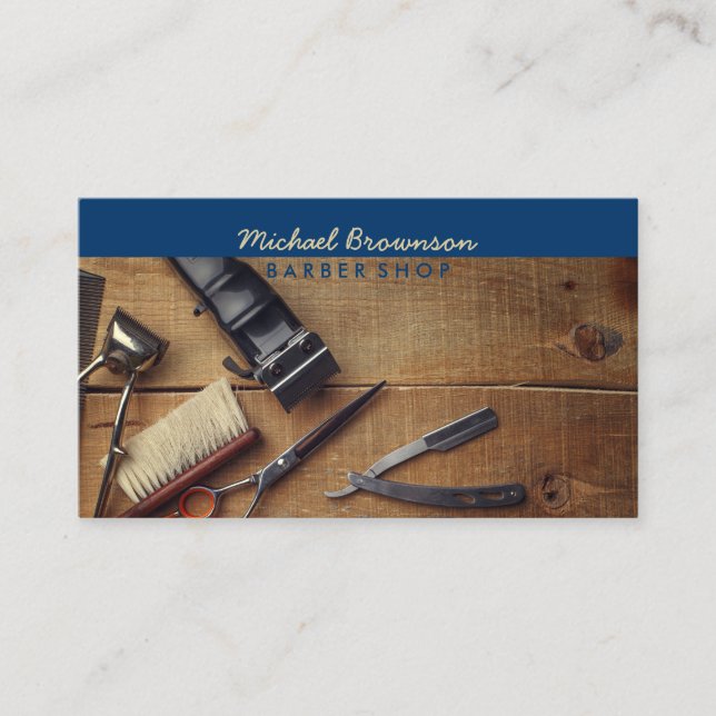 Dark Midnight Blue Scissor Razor Photo Barber Business Card (Front)
