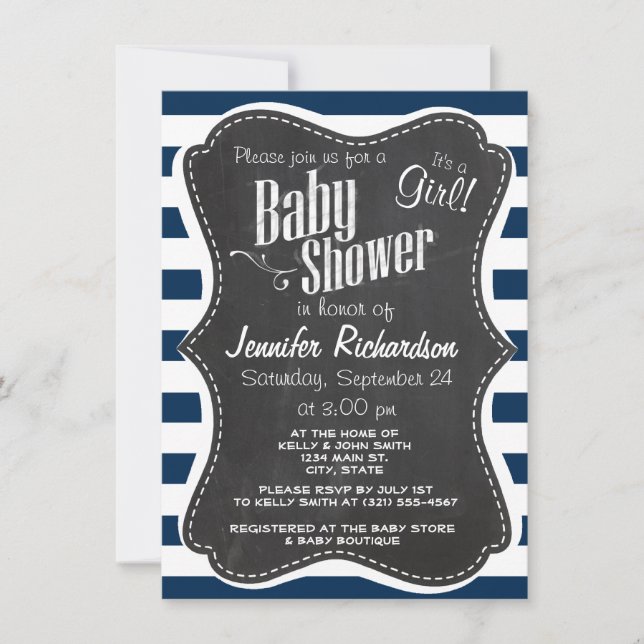 Dark Midnight Blue Stripes; Retro Chalkboard Invitation (Front)