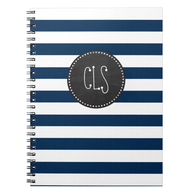 Dark Midnight Blue Stripes; Retro Chalkboard Notebook (Front)