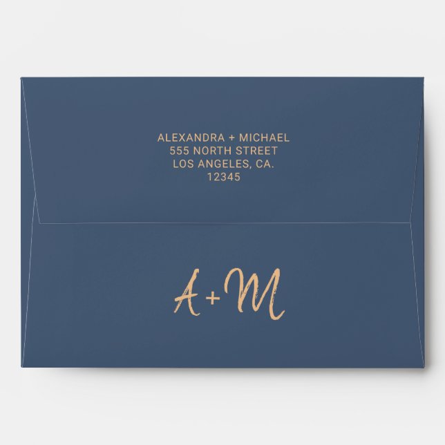 Dark midnight blue typography monogram wedding envelope (Back (Top Flap))