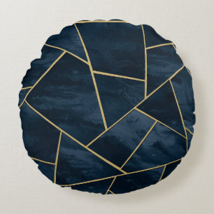 Dark Midnight Navy Blue Gold Geometric Glam #1 Round Cushion