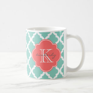 Dark Mint and Coral Moroccan Quatrefoil Print Coffee Mug