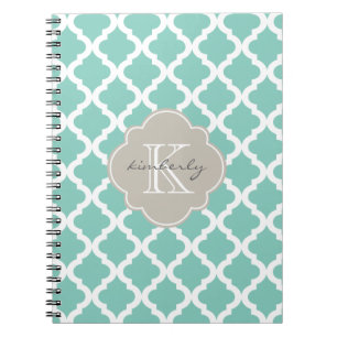 Dark Mint and Linen Moroccan Quatrefoil Print Notebook