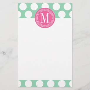 Dark Mint & Pink  Big Polka Dots Monogrammed Stationery
