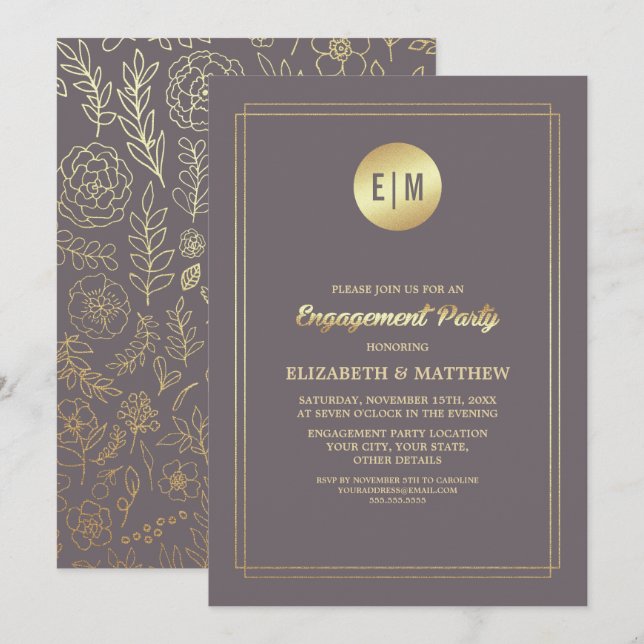 Dark Mocha Gold Floral Engagement Party Invitation (Front/Back)