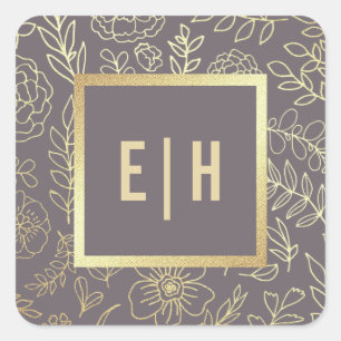 Dark Mocha Gold Floral Monogram Wedding  Square Sticker