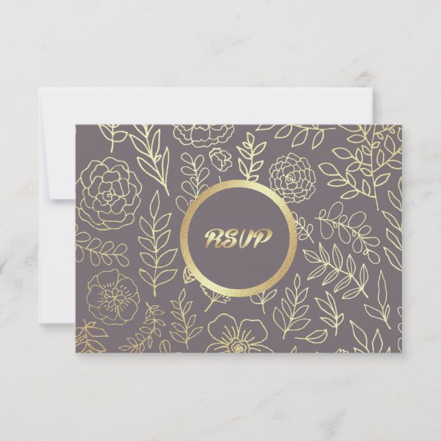 Dark Mocha | Gold Floral Pattern Wedding RSVP Card (Front)