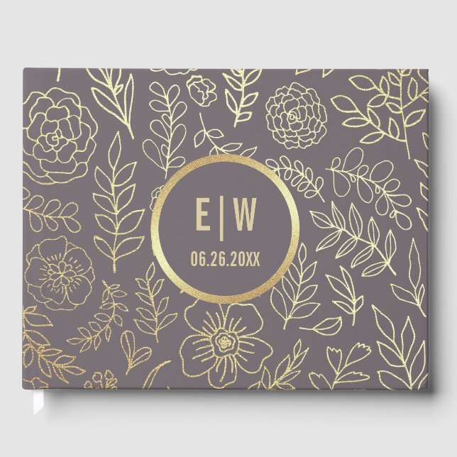 Dark Mocha Gold Floral Wedding  Guest Book (Front)