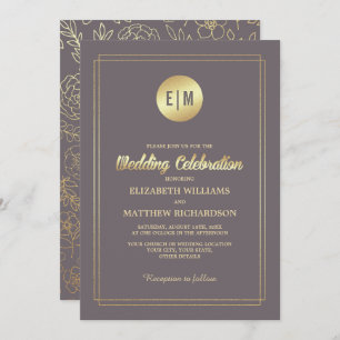 Dark Mocha Gold Floral Wedding  Invitation