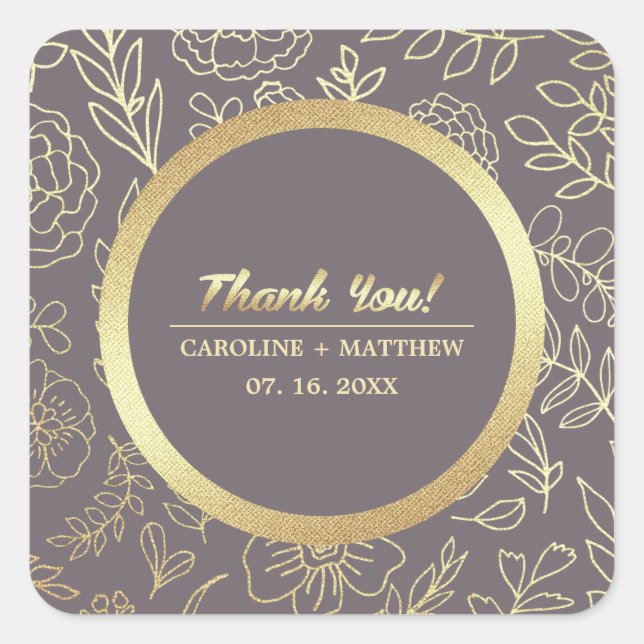 Dark Mocha Gold Floral Wedding Thank You Square Sticker (Front)