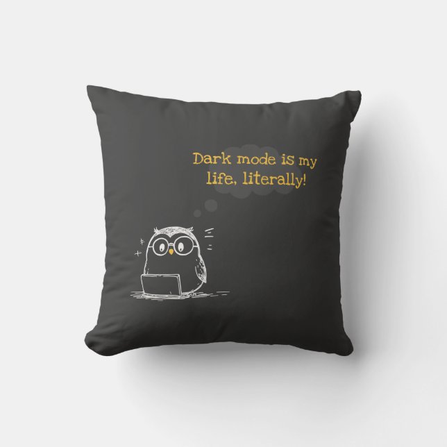 Dark Mode Enthusiast Owl Throw Pillow (Front)