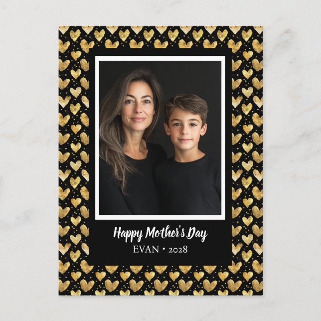 Dark Mode Faux Golden Foil Hearts Mother's Day Postcard (Front)