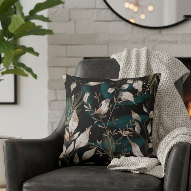 Dark Modern Boho Botanical Leaves Cushion (Creator Uploaded)