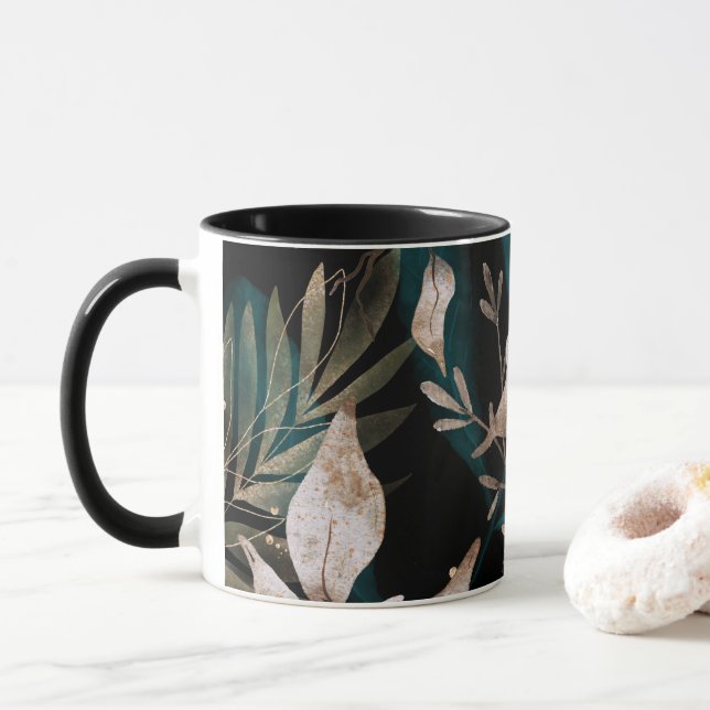Dark Modern Boho Botanical Leaves Mug (With Donut)