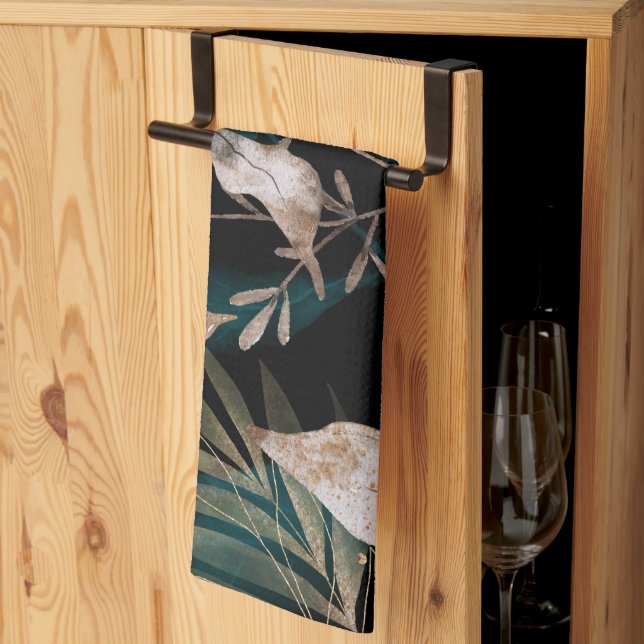 Dark Modern Boho Botanical Leaves Tea Towel (Thirds Fold)