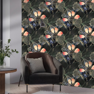 Dark Modern Elegant Boho Floral Black Wallpaper