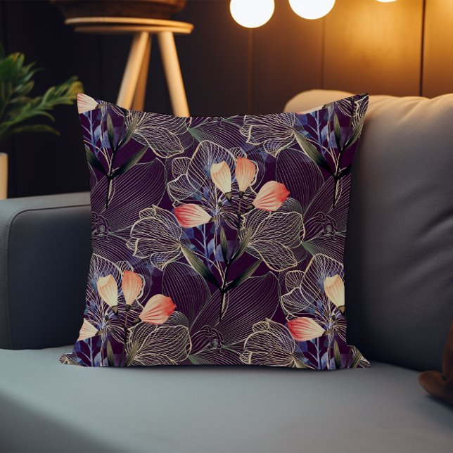Dark Modern Elegant Boho Floral Dark Purple Cushion (Creator Uploaded)