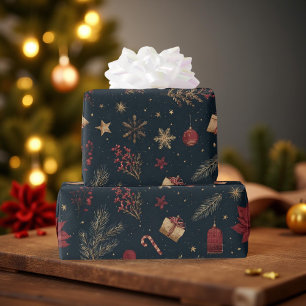 Dark Modern Elegant Holiday Patterns Pine Berry Wrapping Paper