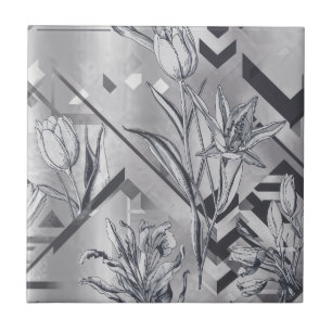 Dark Modern Geometric Tulip Line Art Pattern (2) Ceramic Tile