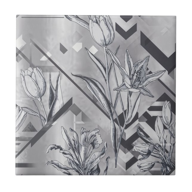 Dark Modern Geometric Tulip Line Art Pattern (2) Ceramic Tile (Front)