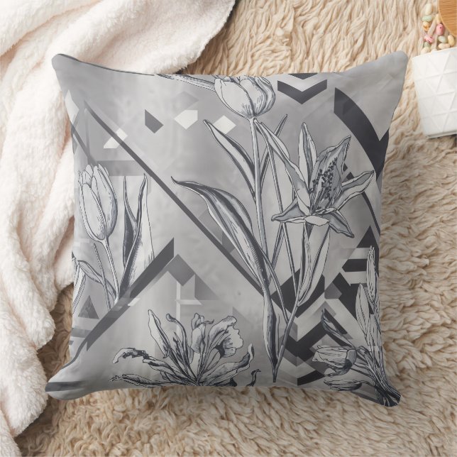 Dark Modern Geometric Tulip Line Art Pattern (2) Cushion (Blanket)