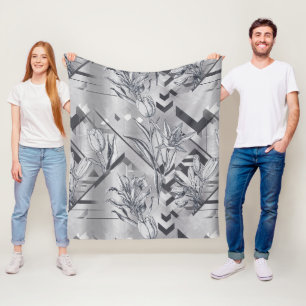 Dark Modern Geometric Tulip Line Art Pattern (2) Fleece Blanket