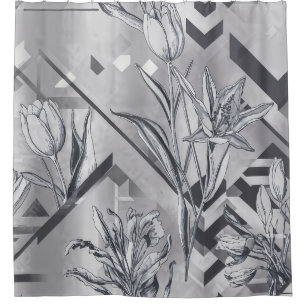 Dark Modern Geometric Tulip Line Art Pattern (2) Shower Curtain