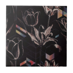 Dark Modern Geometric Tulip Line Art Pattern Ceramic Tile