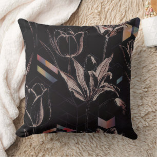 Dark Modern Geometric Tulip Line Art Pattern Cushion