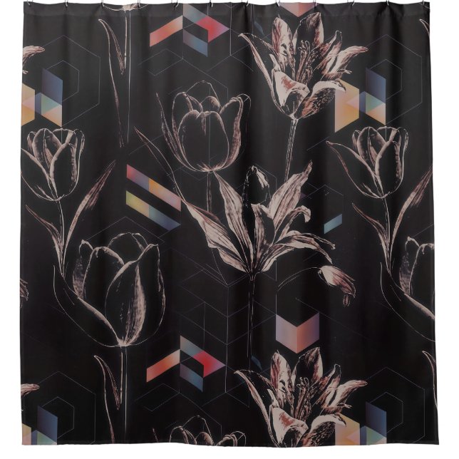 Dark Modern Geometric Tulip Line Art Pattern Shower Curtain (Front)