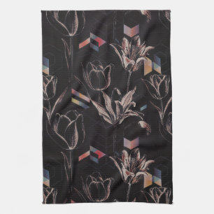 Dark Modern Geometric Tulip Line Art Pattern Tea Towel