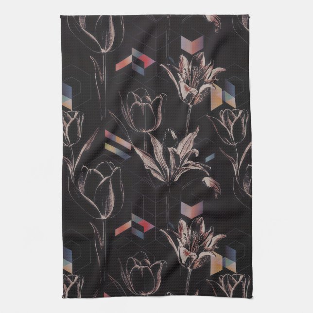 Dark Modern Geometric Tulip Line Art Pattern Tea Towel (Vertical)