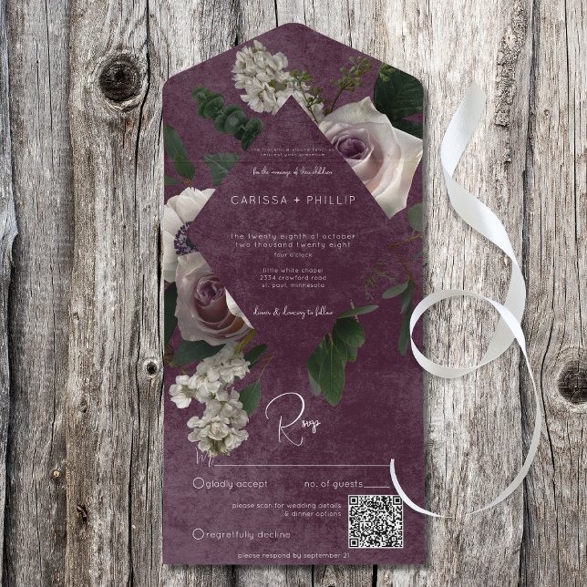 Dark Modern Pink & White Floral Wine QR Code All In One Invitation (Creator Uploaded)