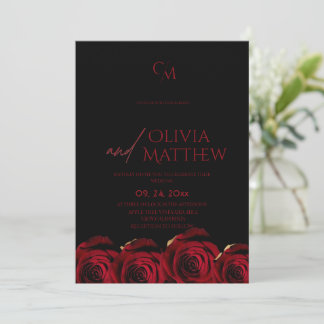 Dark Modern Red Roses Black Wedding Invitation