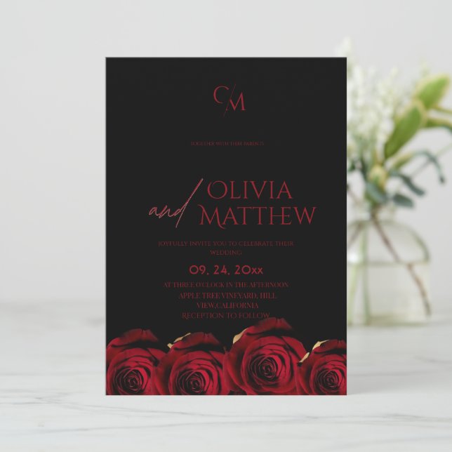 Dark Modern Red Roses Black Wedding Invitation (Standing Front)