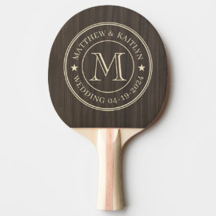 Dark Modern Wood Wedding Monogram Star Ping Pong Paddle