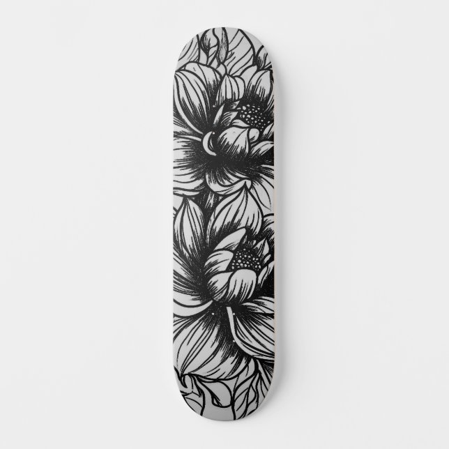 Dark Monochromatic Street Art Inspired Floral Deck Skateboard (Front)