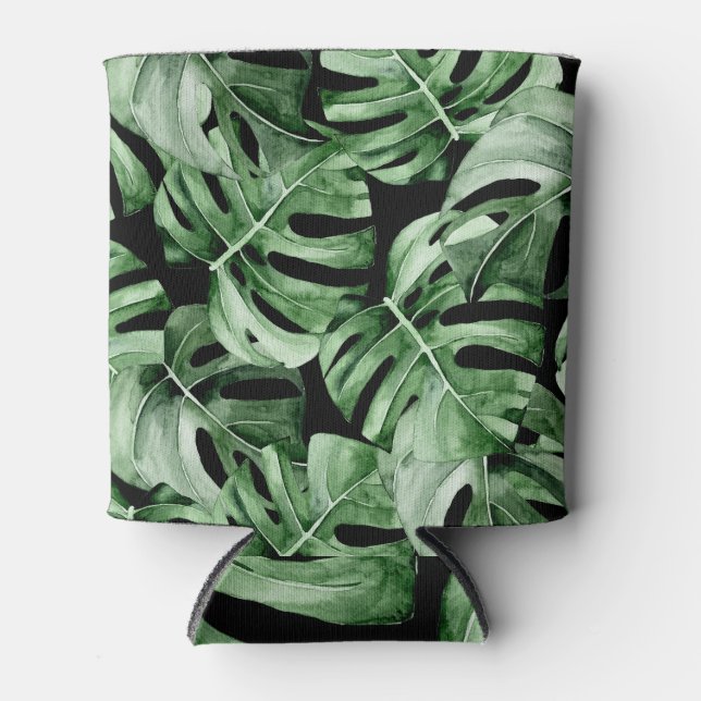 Dark Monstera: Tropical Watercolor Print. Can Cooler (Front)
