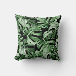 Dark Monstera: Tropical Watercolor Print. Cushion