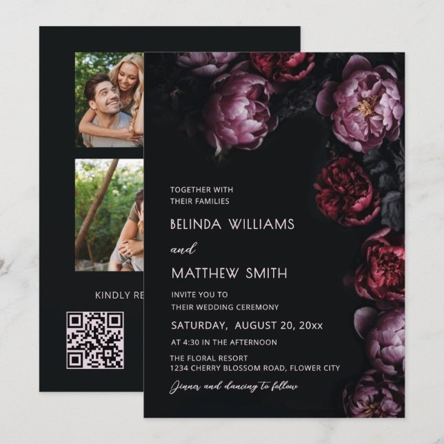Dark Moody 3D Flowers Wedding Invitation (Front/Back)