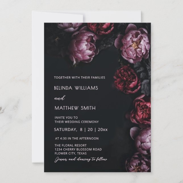 Dark Moody 3D Flowers Wedding Invitation (Front)