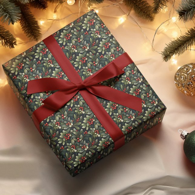 Dark Moody American Mistletoe Winter Holiday Wrapping Paper (Elegant Dark and Moody American Mistletoe Christmas Winter Holiday Wrapping Paper)